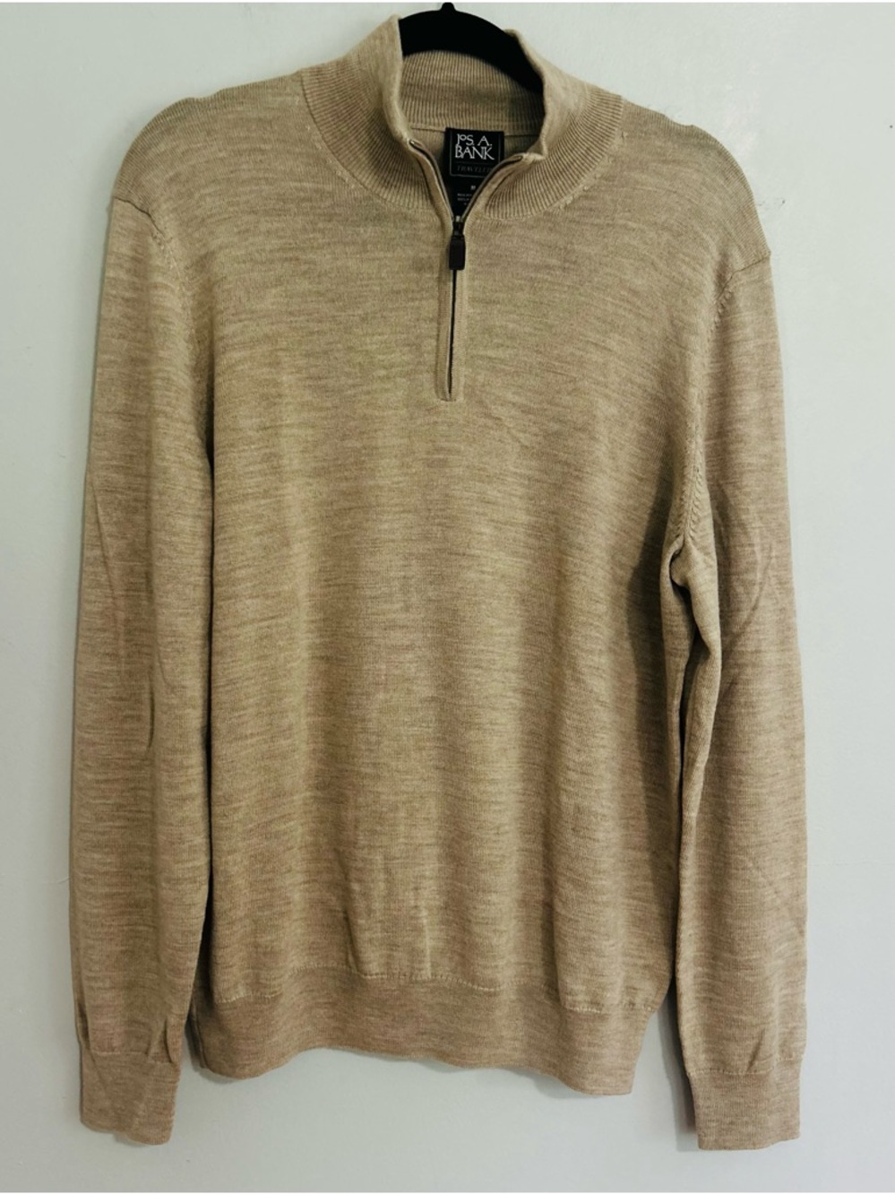 Jos A Bank Traveler Merino Wool Quarter Zip Sweater M Taupe Quiet Luxury Preppy
